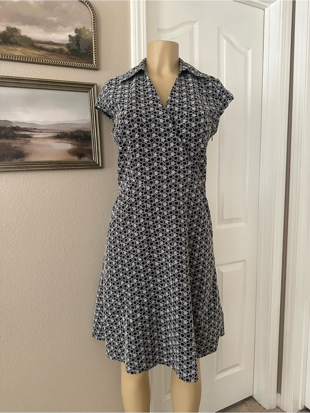 LOFT Black and White Floral Collared Fit-and-Flare Midi Dress